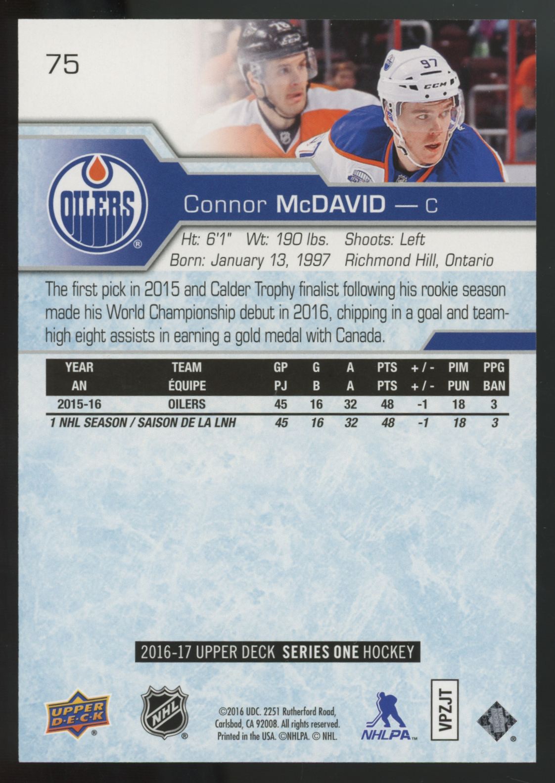 2016-17 Upper Deck Series One Connor McDavid Jumbo #75