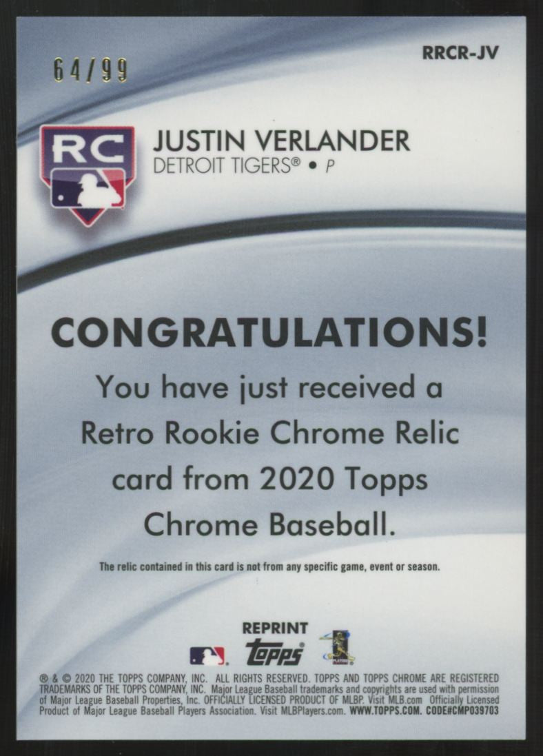 2020 Topps Chrome Justin Verlander Green Retro Rookie Patch /99 #RRCR-JV