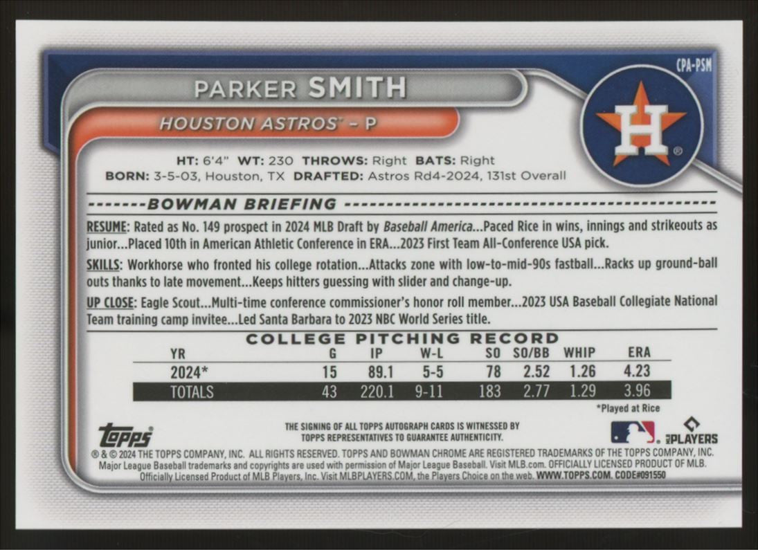 2024 Bowman Chrome Parker Smith 1st Auto Purple /250 #CPA-PSM