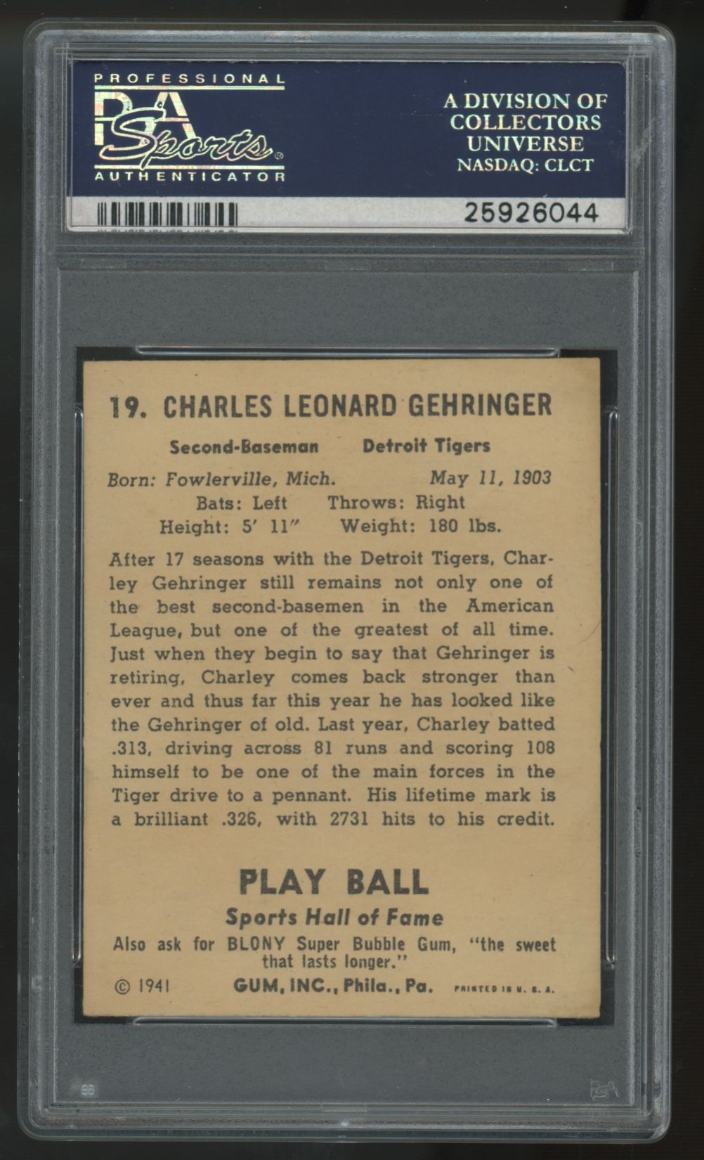 1941 Play Ball Charley Gehringer #19 PSA 4