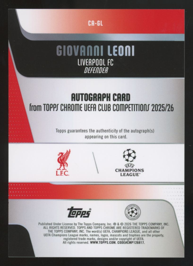 2025-26 Topps Chrome UEFA Club Giovanni Leoni RC Auto Refractor #CA-GL