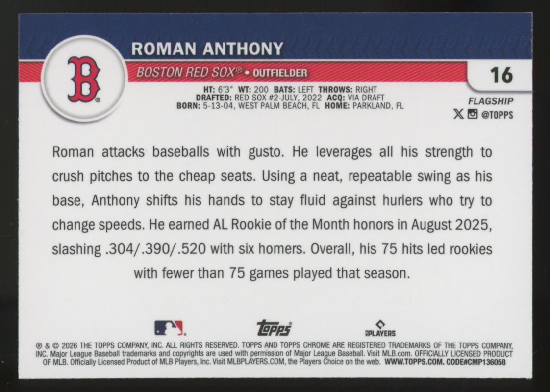 2026 Topps Chrome Flagship Roman Anthony RC Green Refractor /99 #16