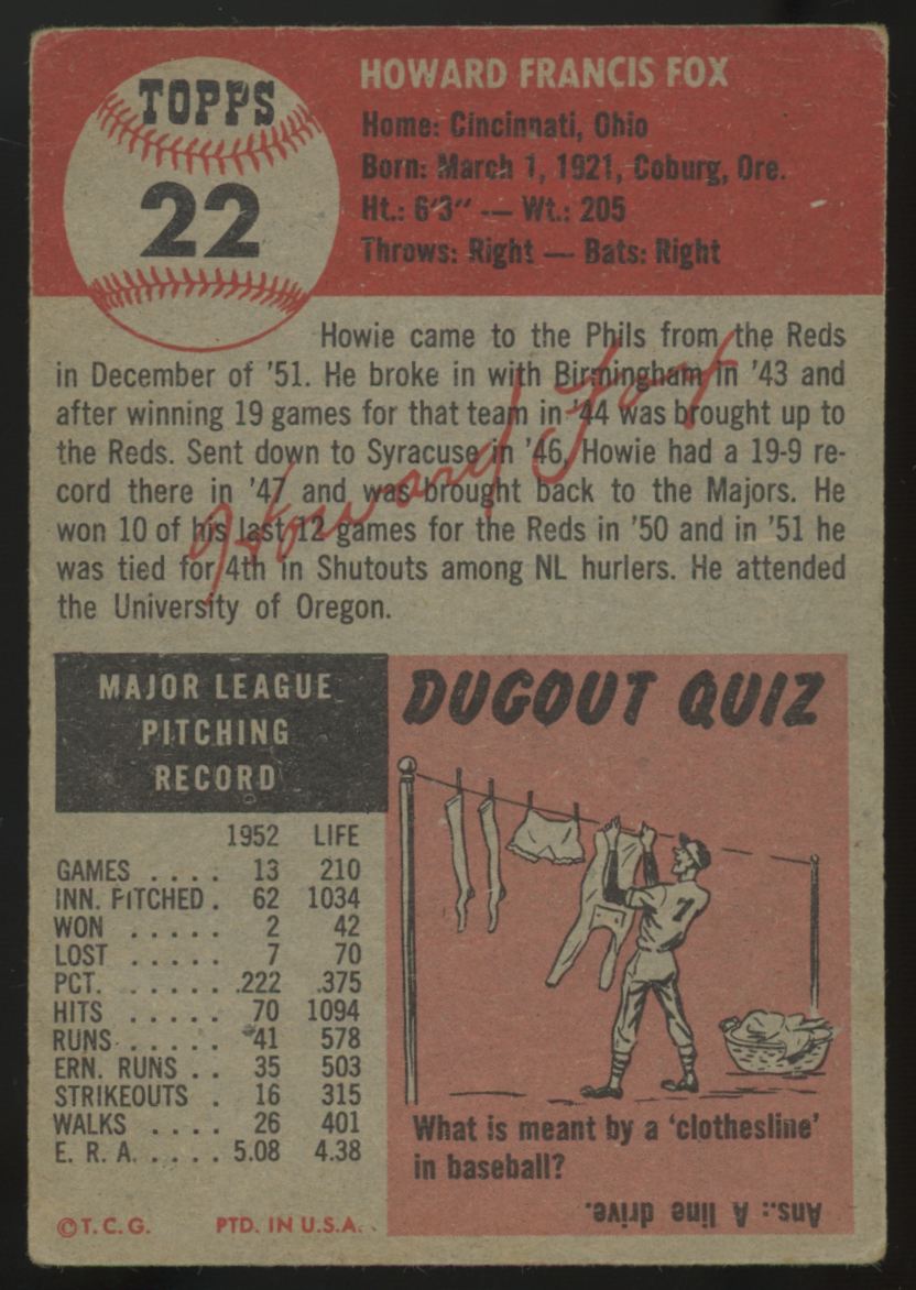 1953 Topps Howie Fox #22 F/G