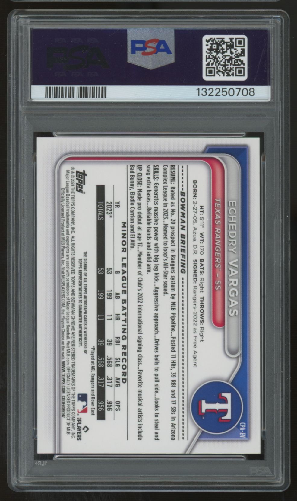 2024 Bowman Chrome Echedry Vargas 1st Refractor Auto Green /99 #BCP-162 PSA 9