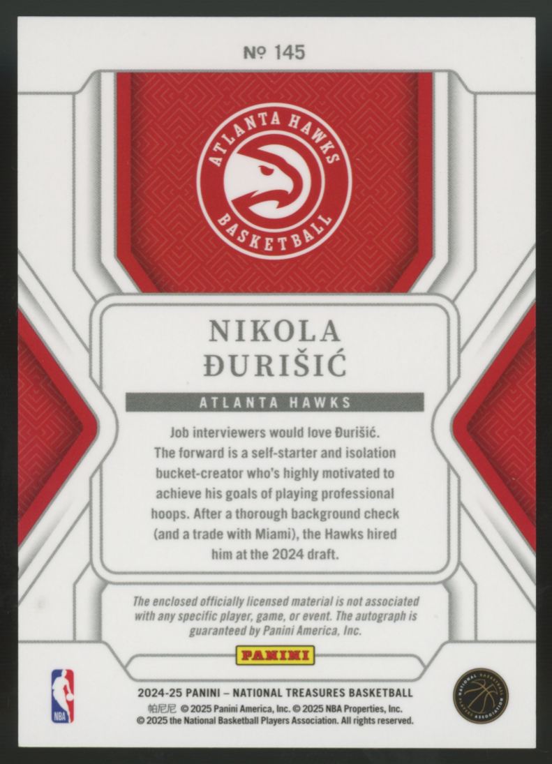 2024-25 National Treasures Nikola Durisic RC Patch Auto RPA /99 #145