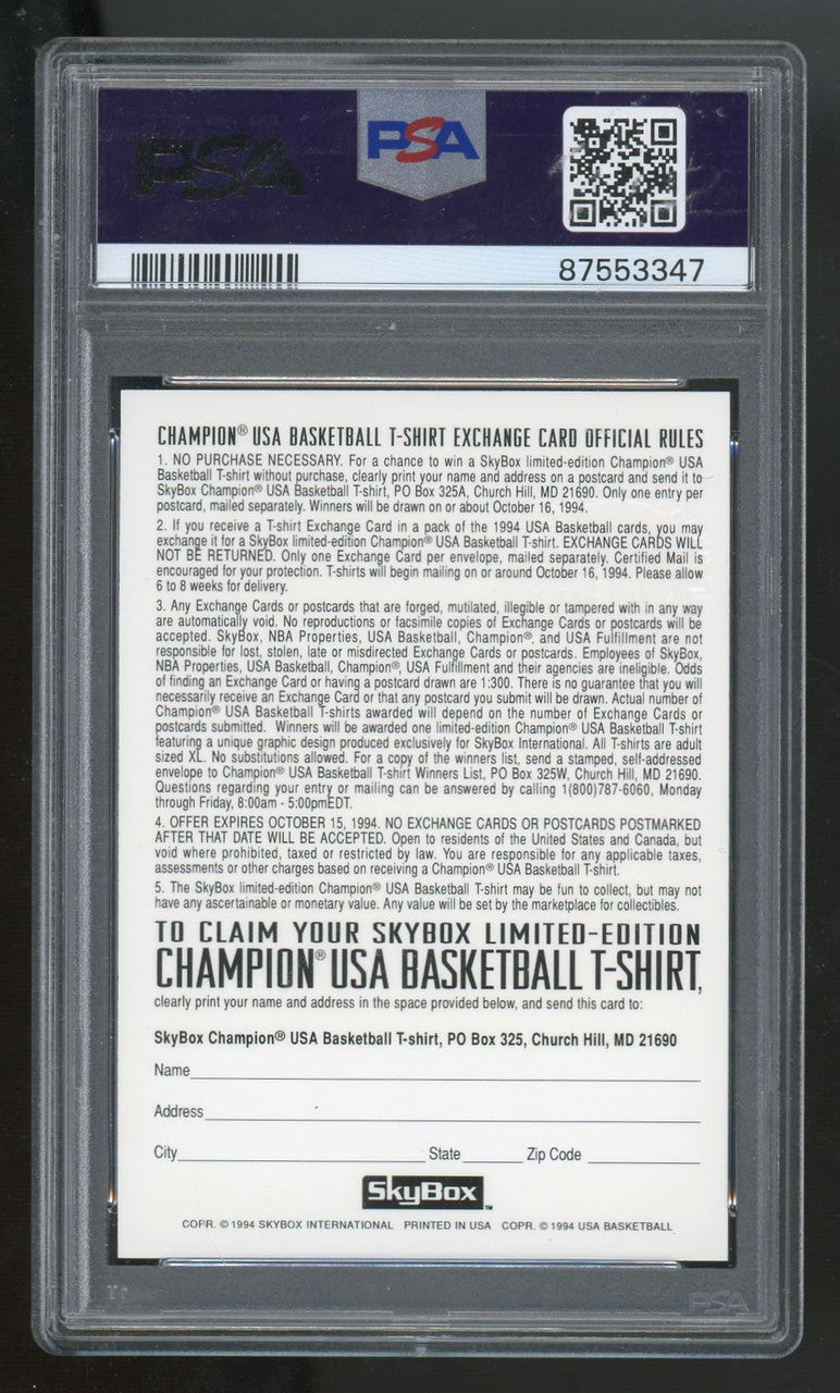 1994 Skybox USA Basketball T-Shirt Exchange Card PSA 10
