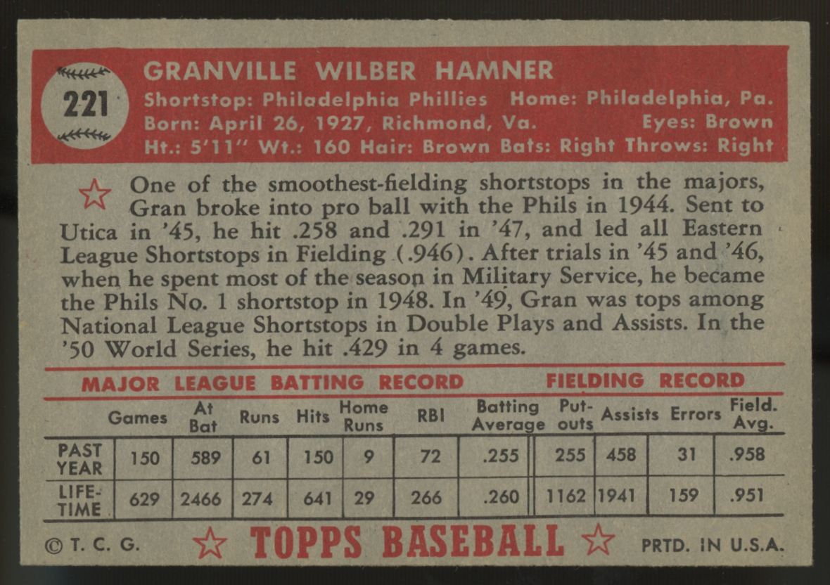 1952 Topps Granny Hamner #221 EX/MT