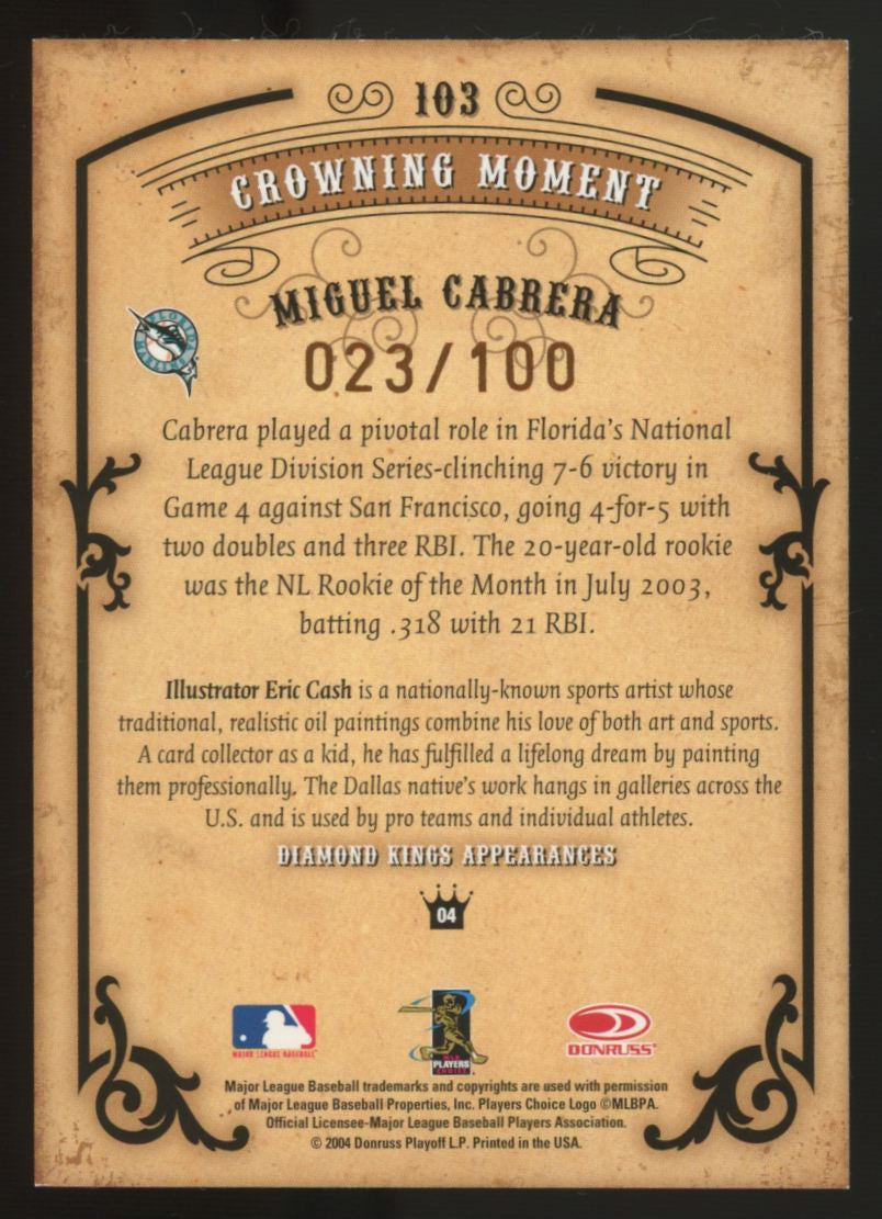 2004 Donruss Diamond Kings Miguel Cabrera Crowning Moment Auto /100 #103