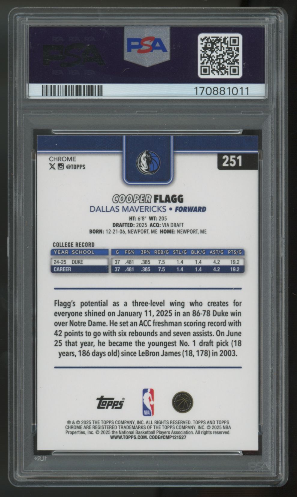 2025-26 Topps Chrome Cooper Flagg RC #251 PSA 9