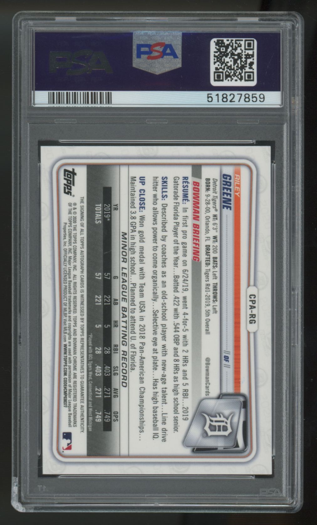 2020 Bowman Chrome Riley Greene Prospect Auto #CPA-RG PSA 9