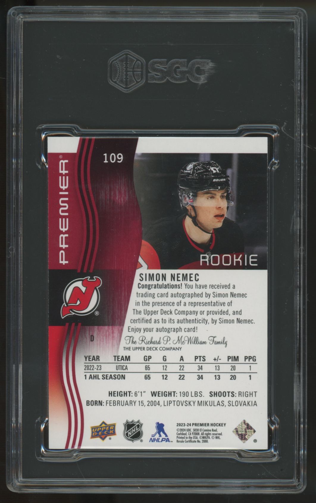 2023-24 Upper Deck Premier Simon Nemec RC Auto #109 SGC 9 10