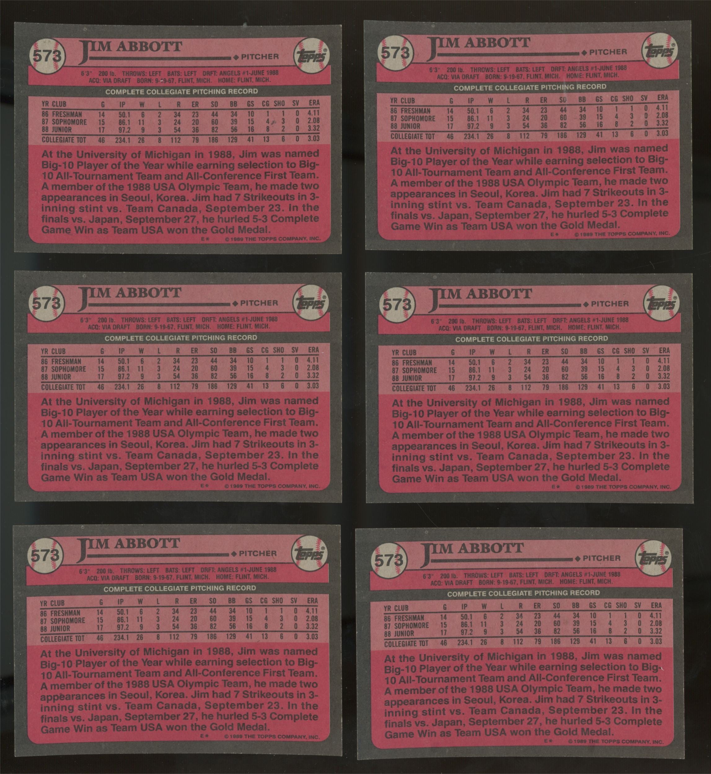 1989 Topps Jim Abbott RC #1 Draft Pick #573 (Lot Of 50) "A"