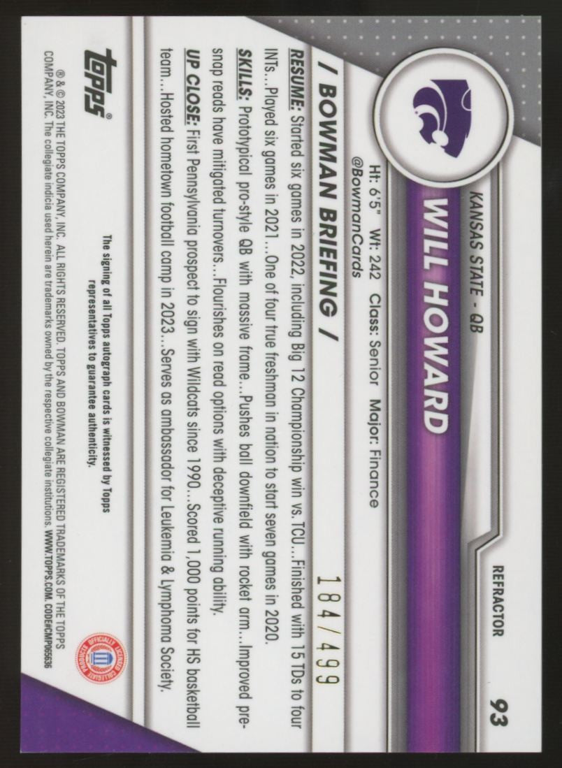 2023 Bowman Chrome University Will Howard 1st Refractor Auto /499 #93