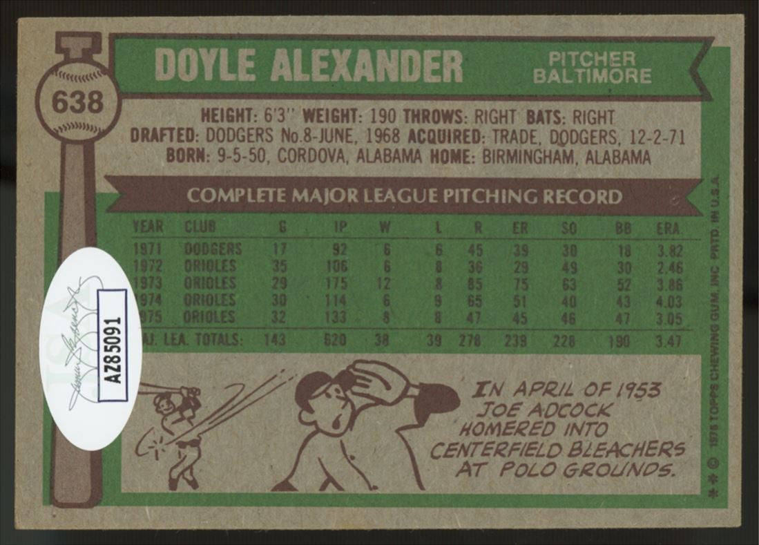 1976 Topps Doyle Alexander #638 Signed Auto JSA