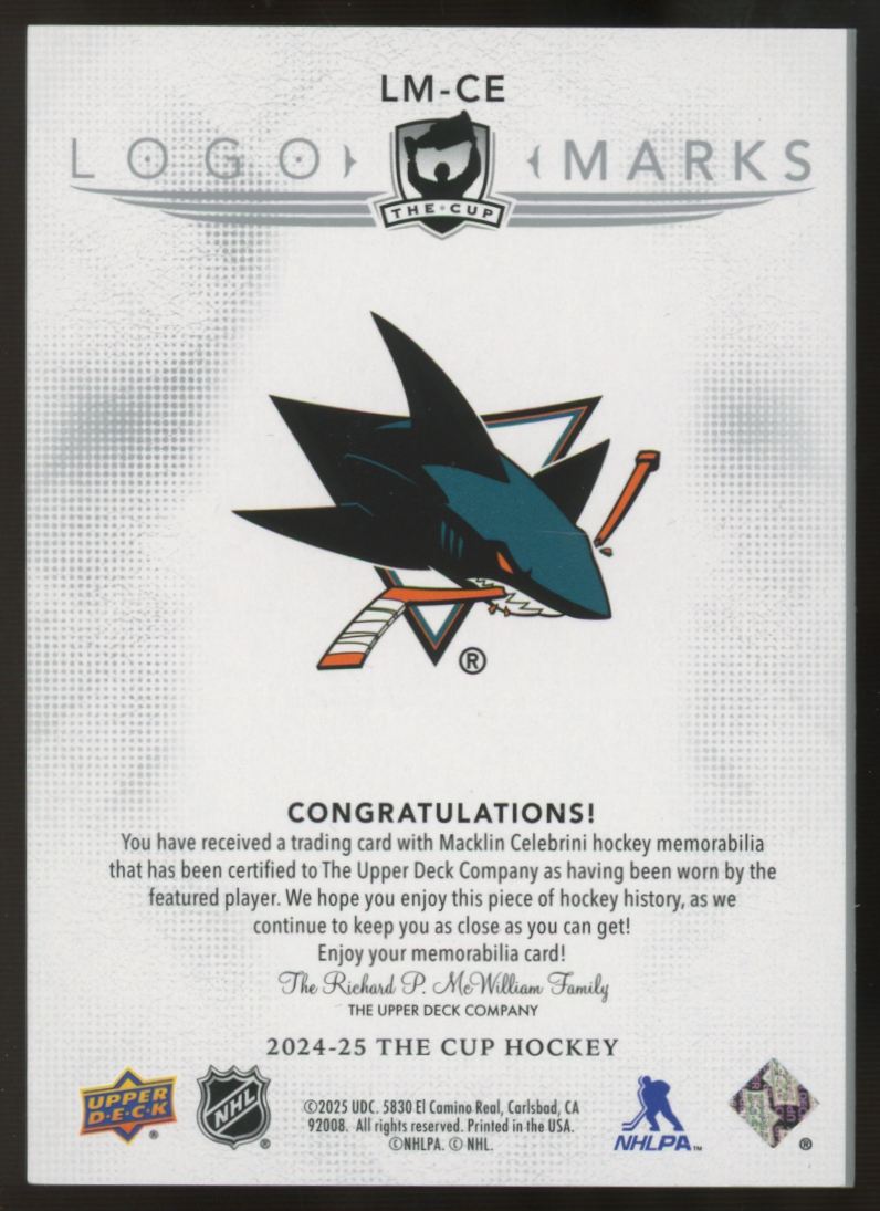 2024-25 Upper Deck The Cup Macklin Celebrini RC Logo Marks Patch /99 #LM-CE