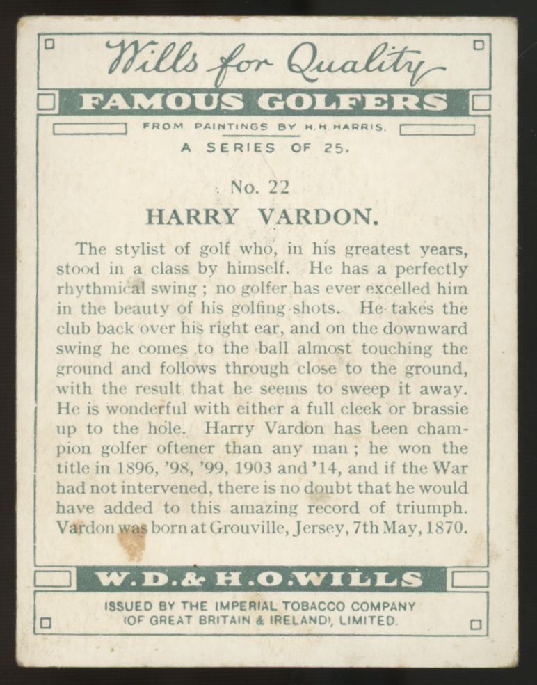 1930 W.D. & H.O. Wills Harry Vardon Famous Golfers #22 VG-EX