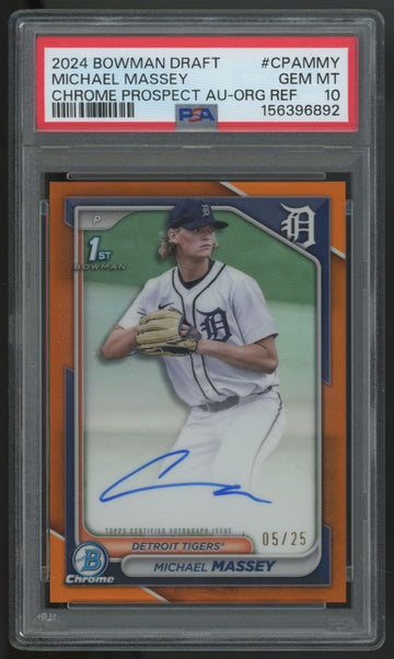 2024 Bowman Draft Michael Massey 1st Chrome Prospect Orange Auto /25 PSA 10