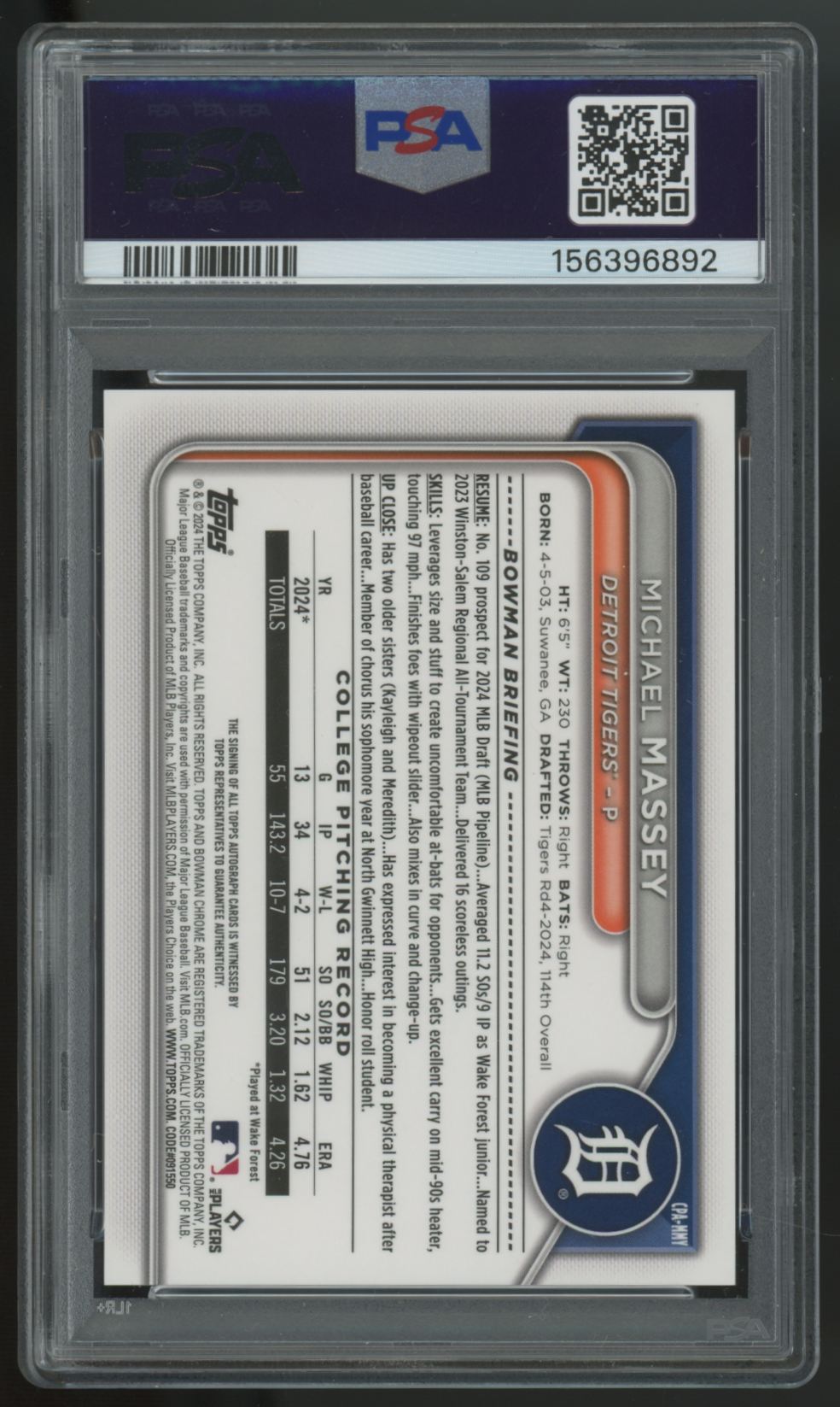 2024 Bowman Draft Michael Massey 1st Chrome Prospect Orange Auto /25 PSA 10