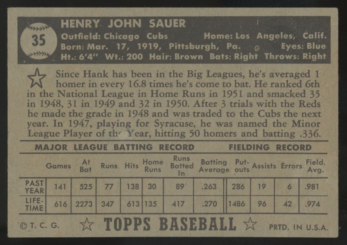 1952 Topps Hank Sauer Black Back #35 VG/EX