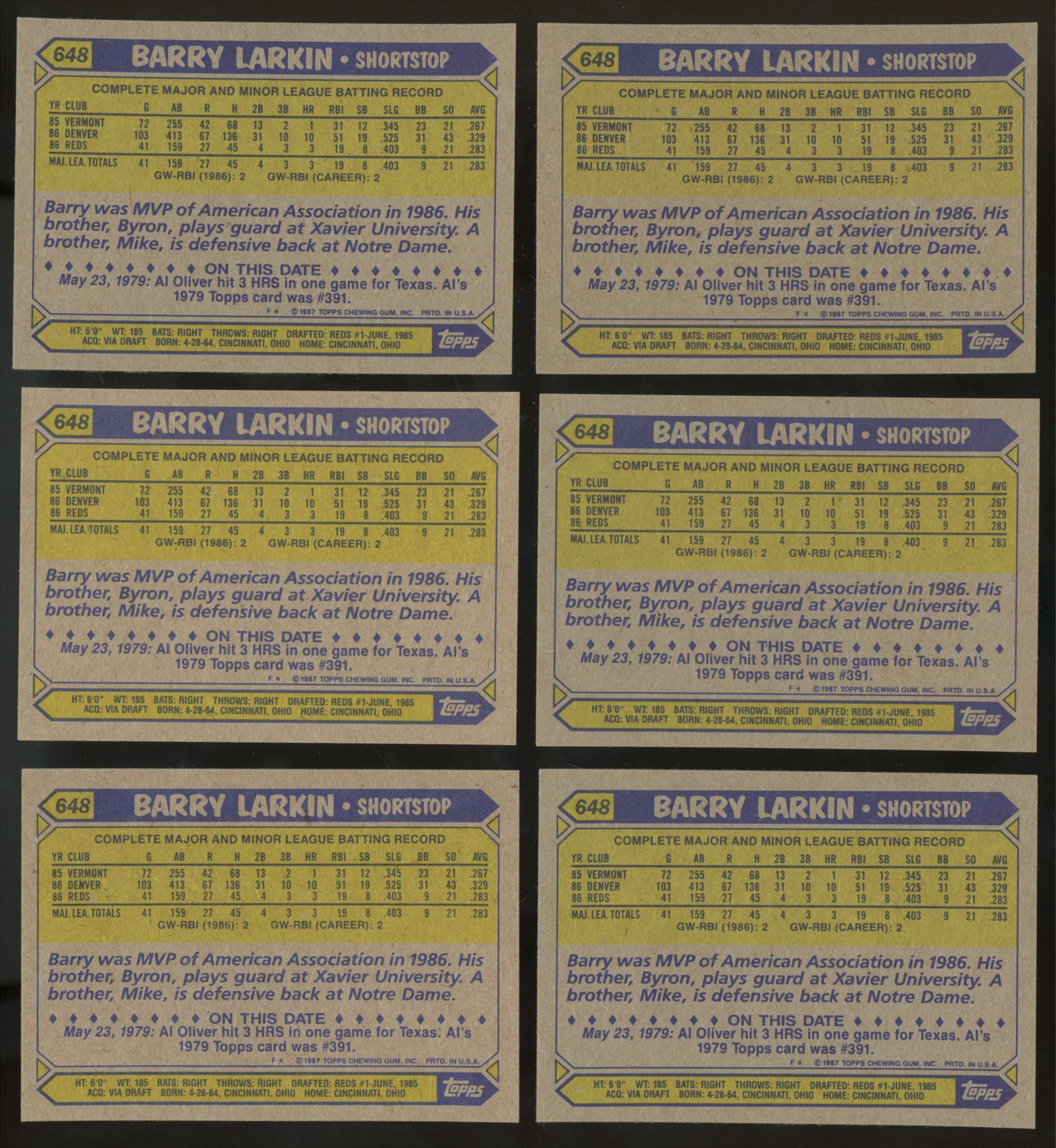 1987 Topps Barry Larkin RC #648 (Lot of 50)