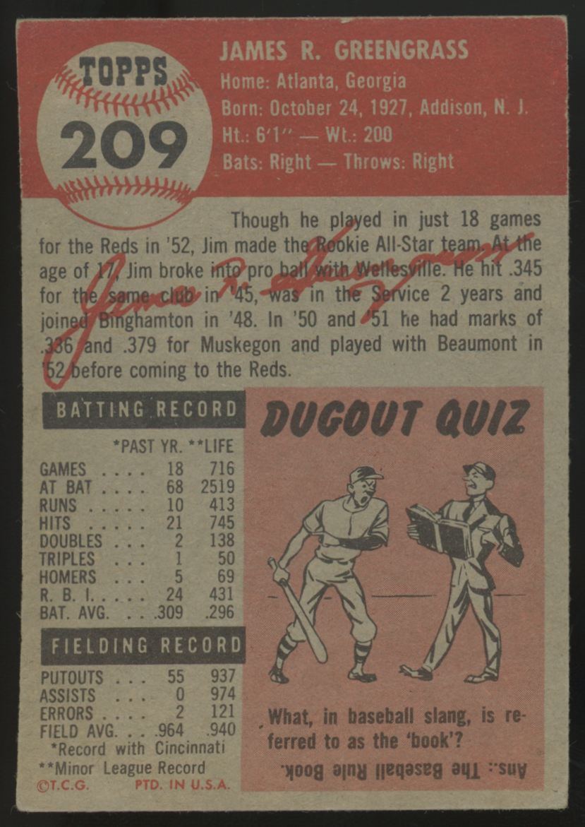 1953 Topps Jim Greengrass #209 EX "A"