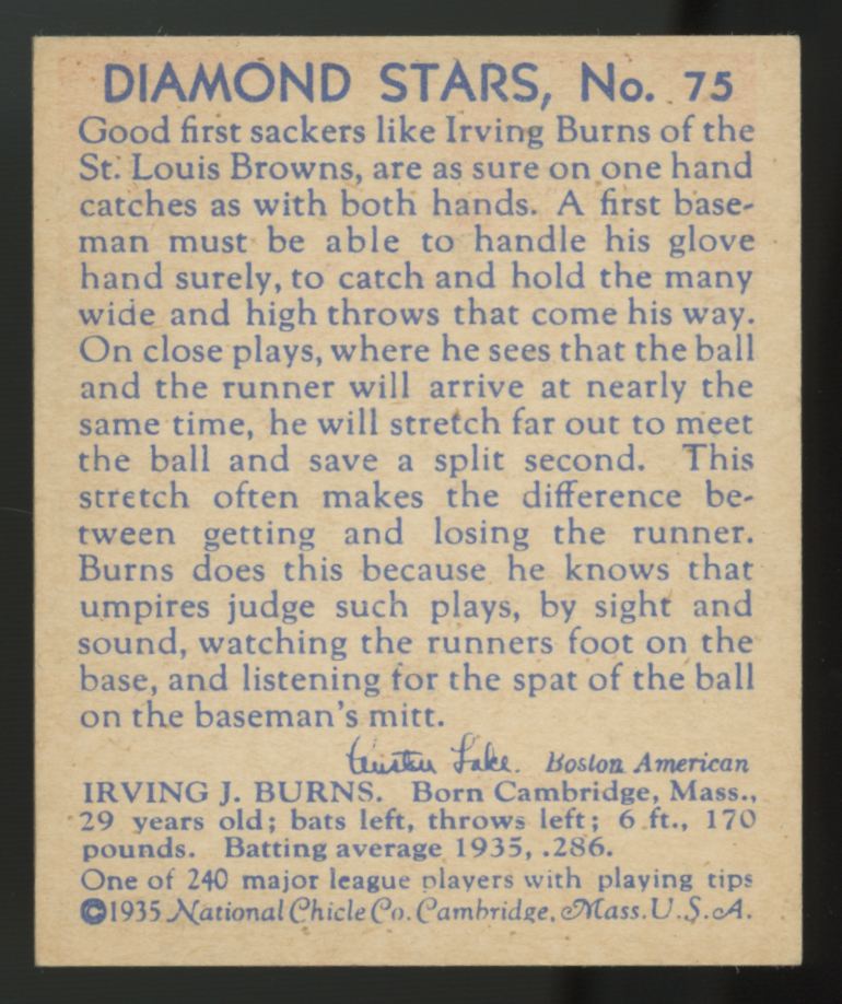 1935 National Chicle Irving Burns Diamond Stars #75 EX-MT