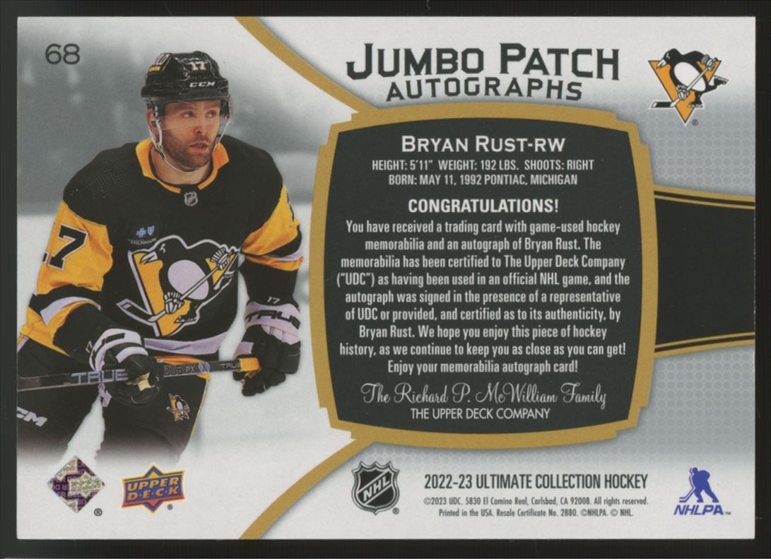 2022/23 Upper Deck Ultimate Collection Bryan Rust Jumbo Patch Auto /3 #68