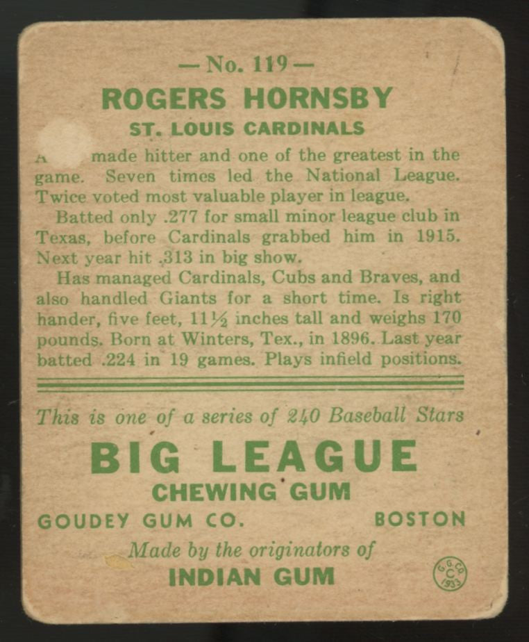 1933 Goudey Rogers Hornsby #119 Fair