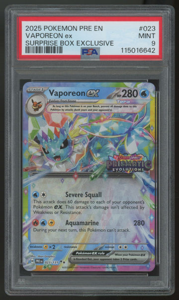 2025 Pokemon Vaporeon ex Prismatic Evolutions Surprise Box #023 PSA 9