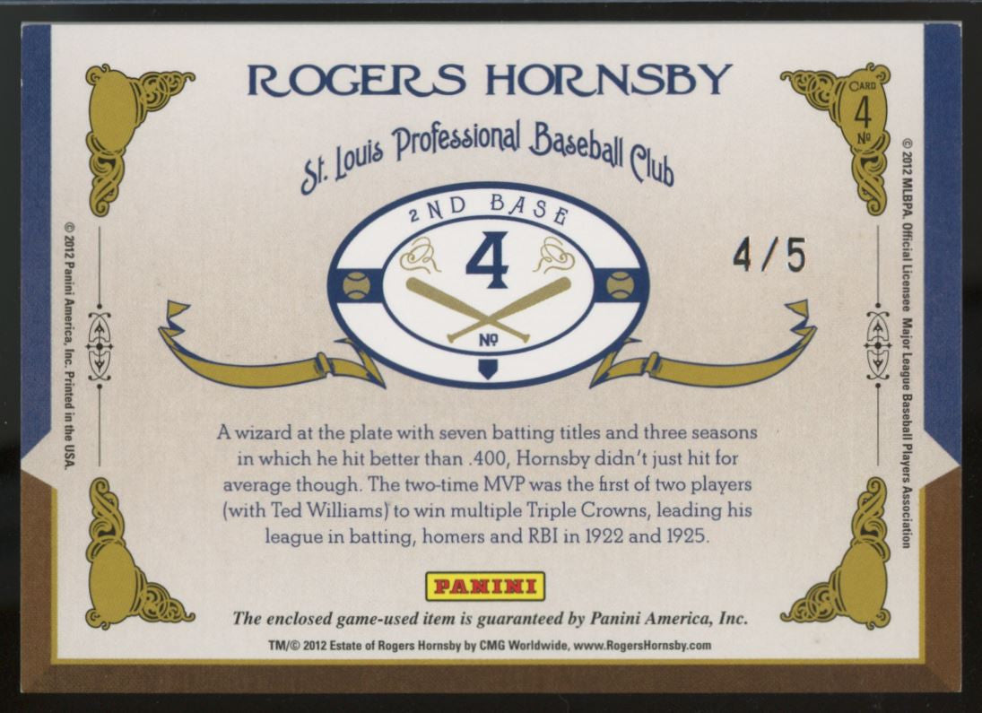 2011 Prime Cuts Rogers Hornsby Timeline Triple Jersey Relic /5 #4
