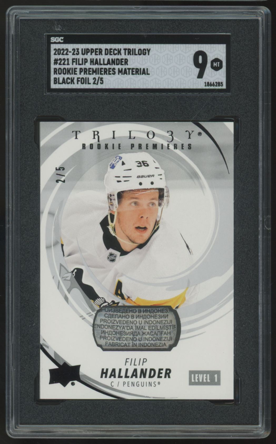 2022-23 UD Trilogy Filip Hallander RC Premier Patch Black Foil /5 SGC 9