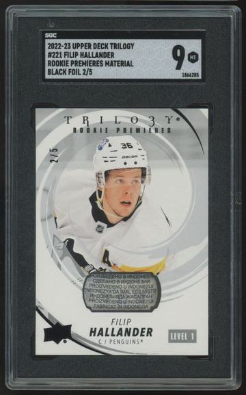 2022-23 UD Trilogy Filip Hallander RC Premier Patch Black Foil /5 SGC 9