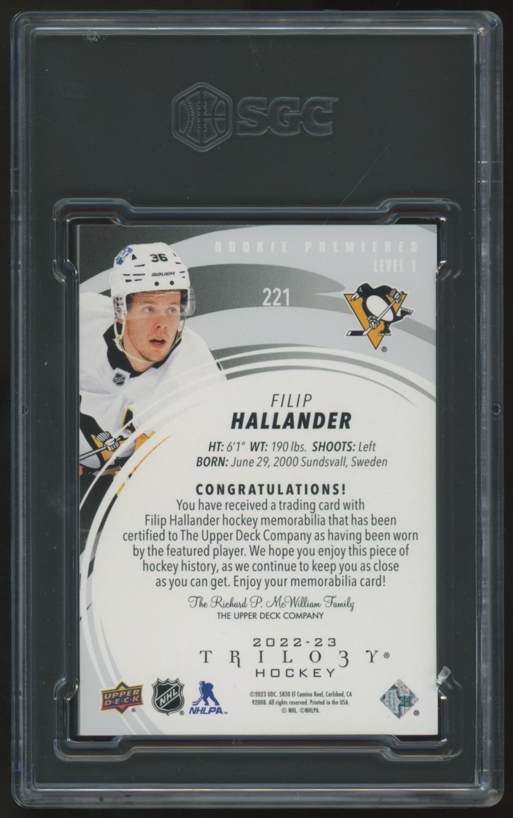 2022-23 UD Trilogy Filip Hallander RC Premier Patch Black Foil /5 SGC 9
