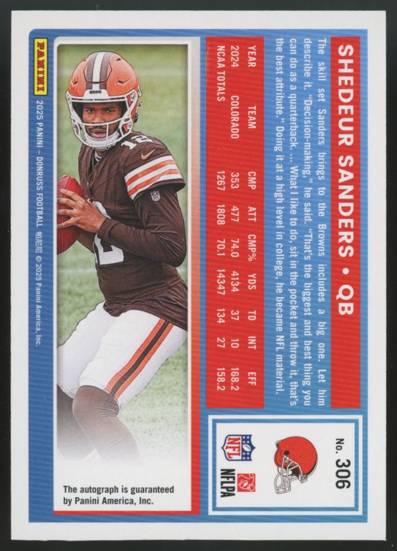 2025 Panini Donruss Shedeur Sanders RC Rated Rookie Green Auto #306