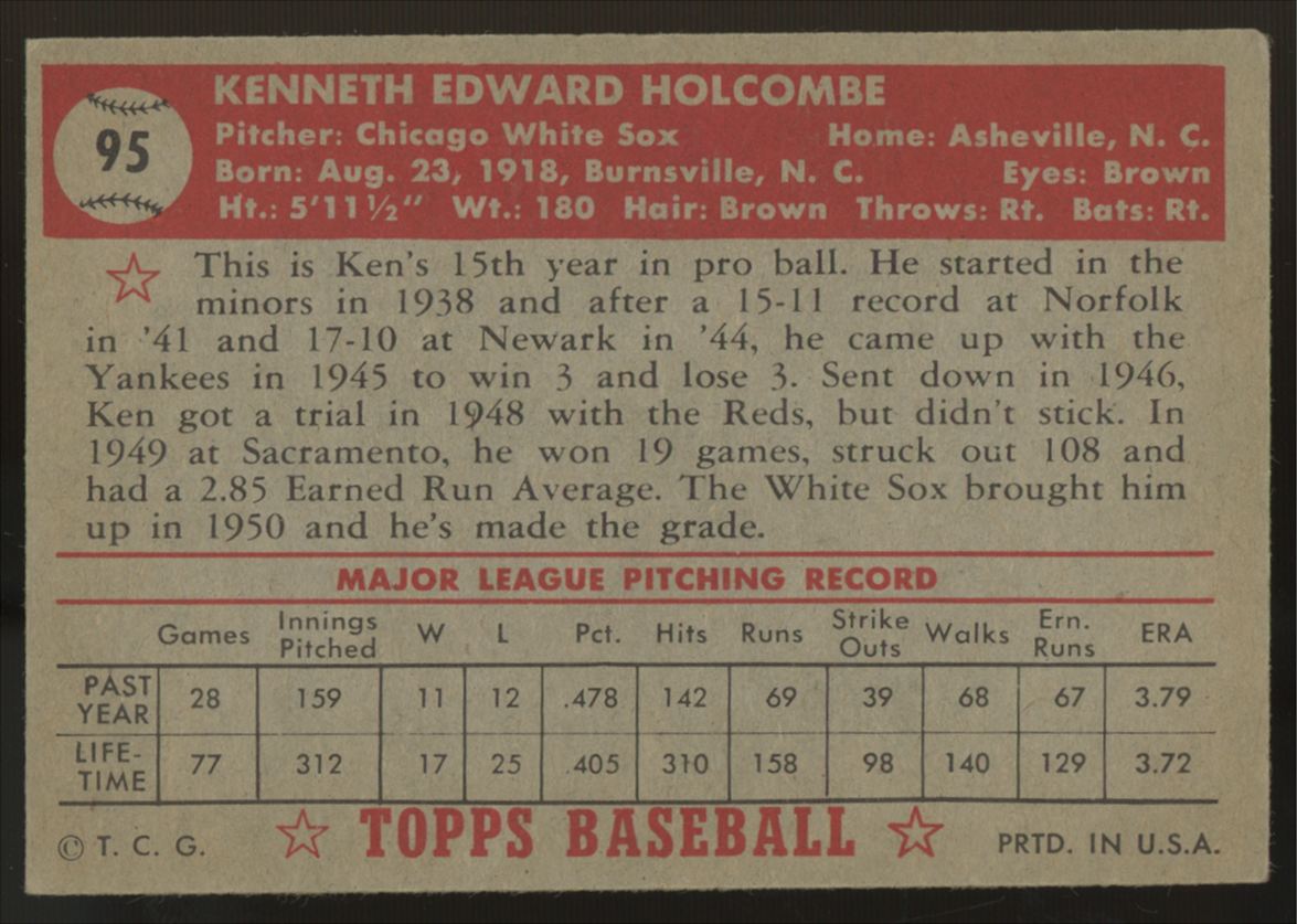 1952 Topps Ken Holcombe #95 EX "A"