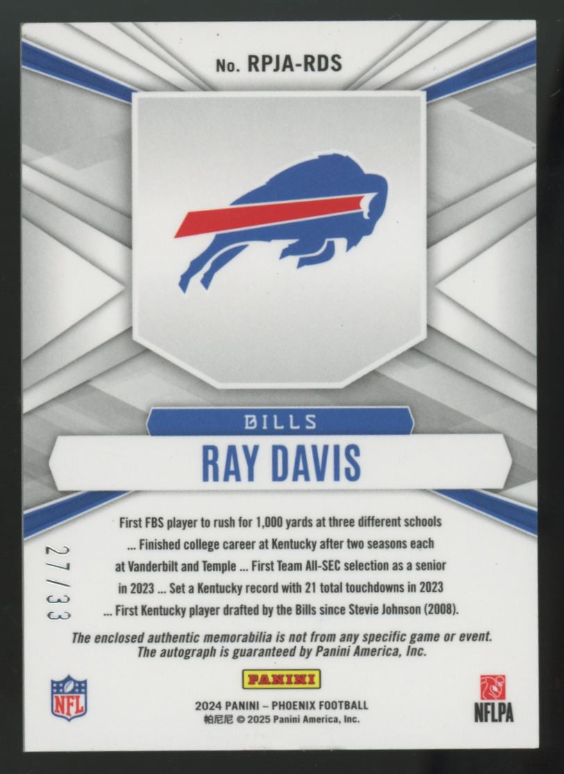 2024 Panini Phoenix Ray Davis RC Bronze Rookie Phenom Patch Auto RPA /33