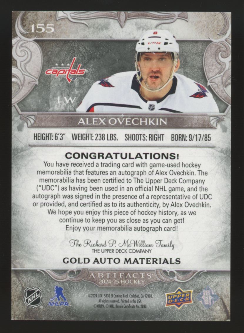 2024-25 Upper Deck Artifacts Alex Ovechkin Gold Auto Dual Patch /25 #155