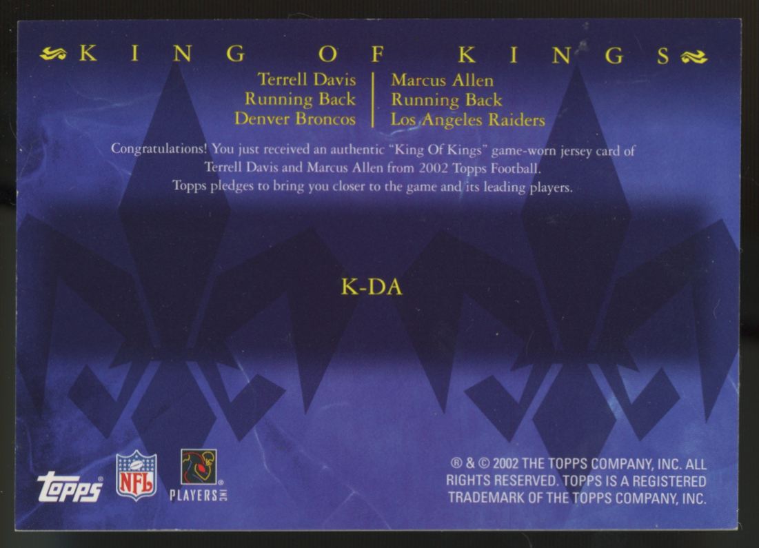 2002 Topps Terrell Davis, Marcus Allen King Of Kings Super Bowl MVP Dual Patch