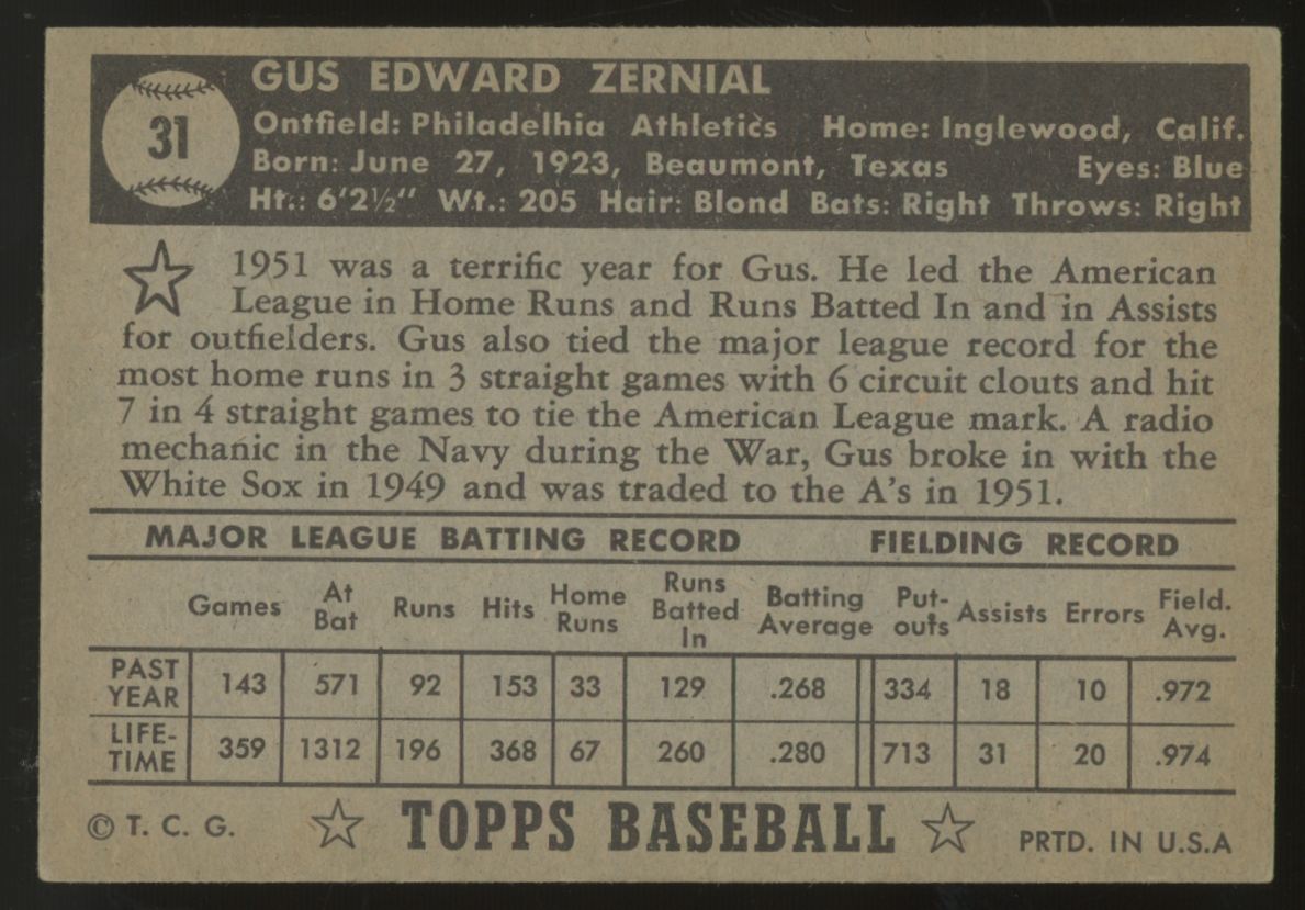 1952 Topps Gus Zernial #31 EX/MT