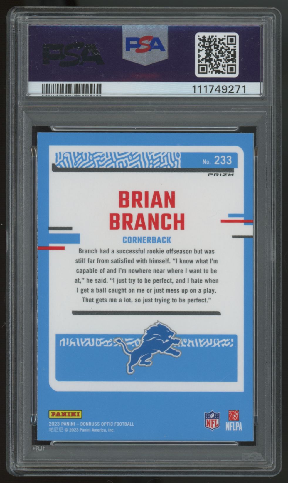 2023 Donruss Optic Brian Branch RC Rated Rookie Holo #233 PSA 10