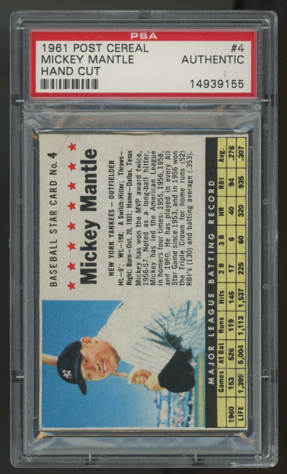 1961 Post Mickey Mantle Hand Cut #4 PSA Authentic *155