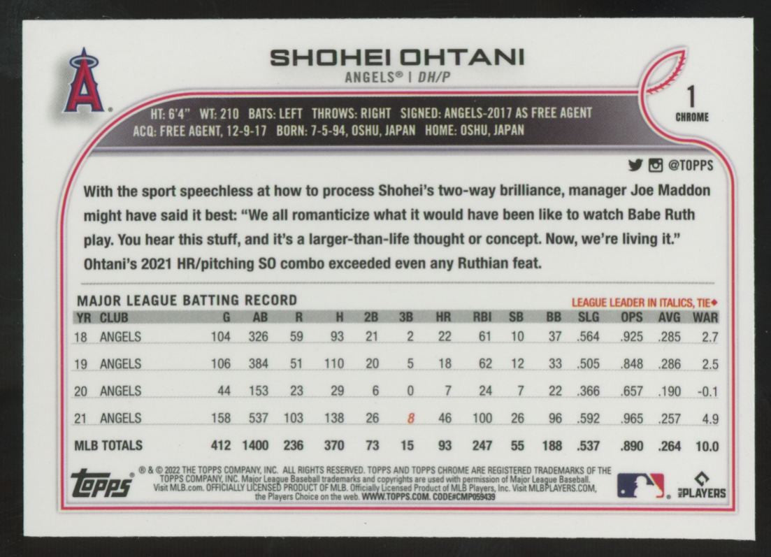 2022 Topps Chrome Sonic Shohei Ohtani Black/White Raywave Refractor #1