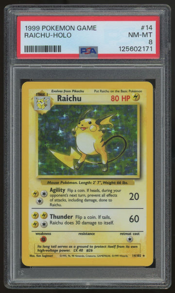 1999 Pokemon Raichu Base Set Unlimited Holo #14 PSA 8