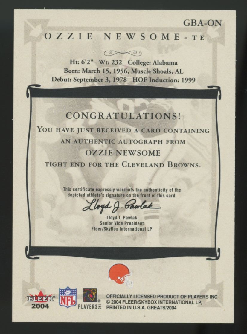 2004 Fleer Greats Ozzie Newsome Auto #GBA-ON
