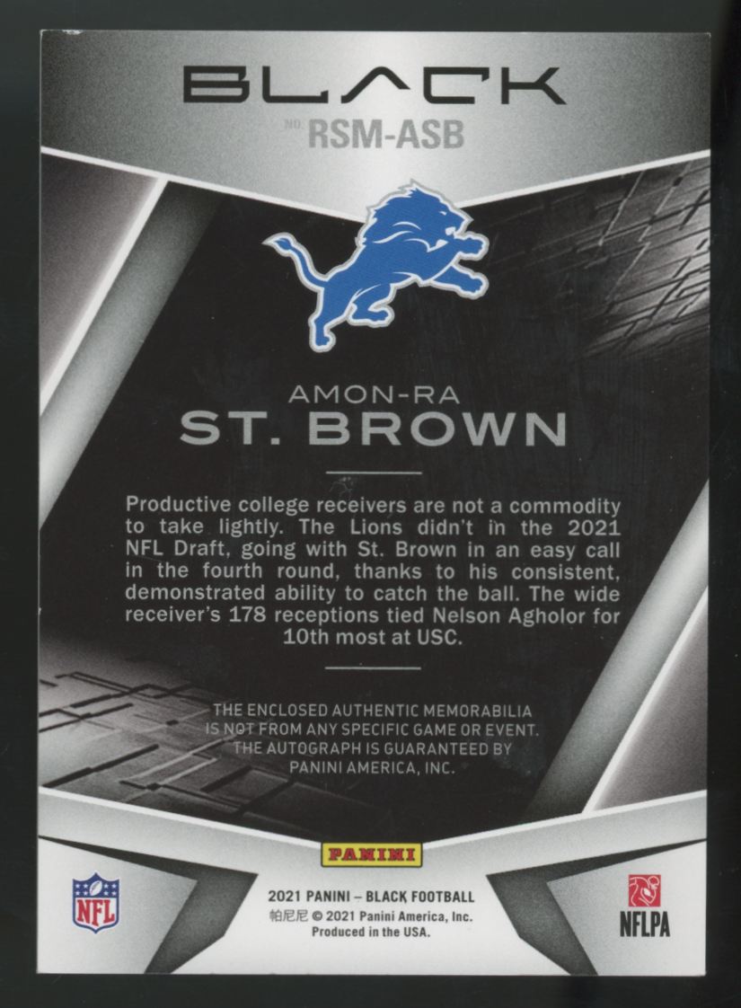2021 Panini Black Amon-Ra St. Brown RC Gold Patch Auto RPA /5 #RSM-ASB