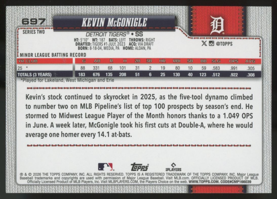 2026 Topps Series Two Kevin McGonigle RC SP #697