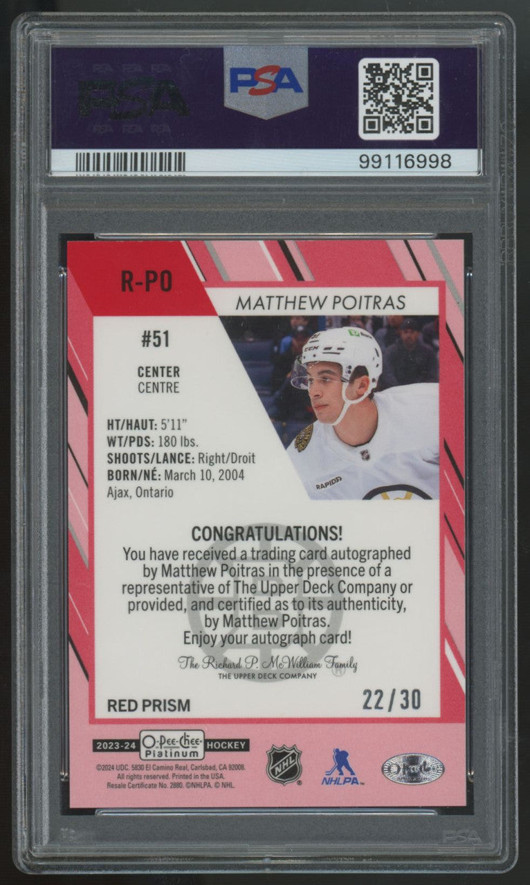 2023-24 O-Pee-Chee Platinum Matthew Poitras RC Red Prism Auto /30 #RPO PSA 9