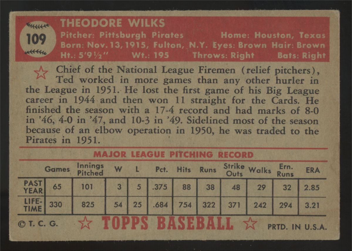 1952 Topps Ted Wilks #109 VG