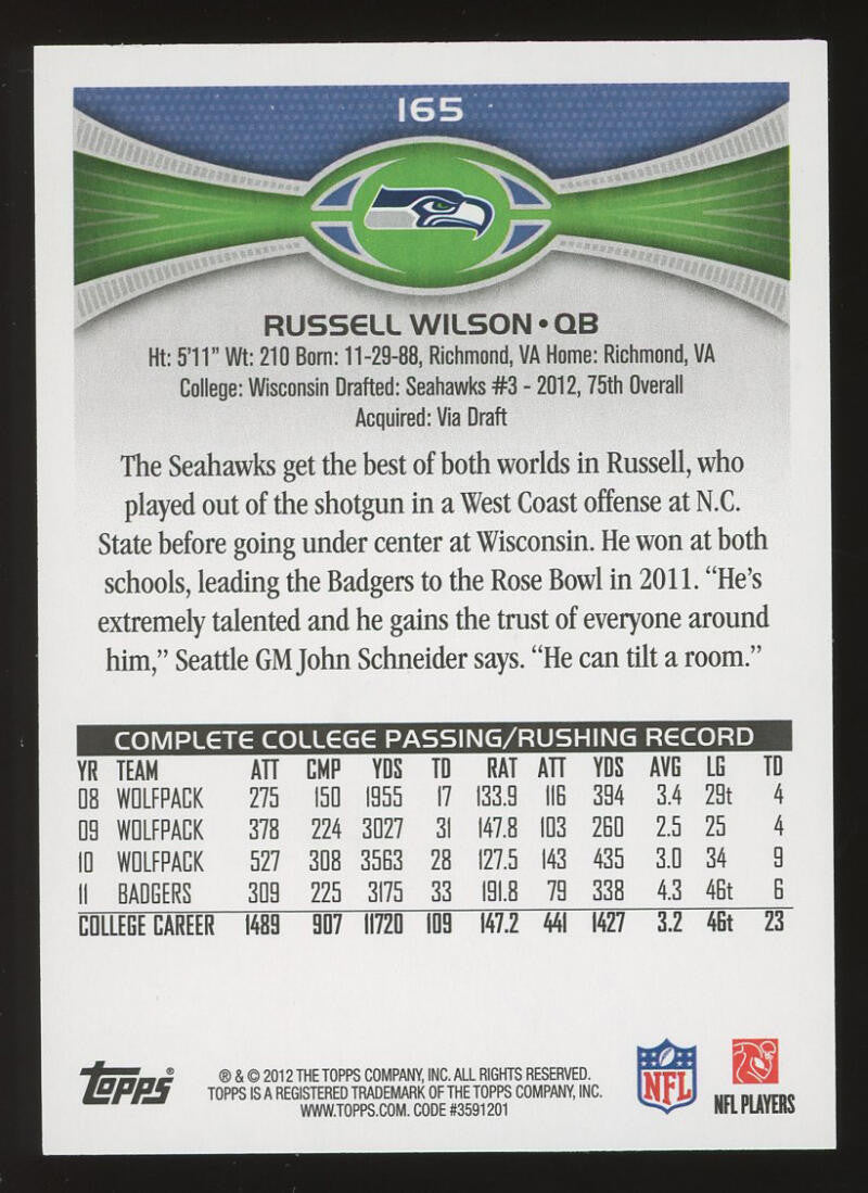 2012 Topps Flagship #165 Russell Wilson RC Rookie Seattle Seahawks Superstar QB