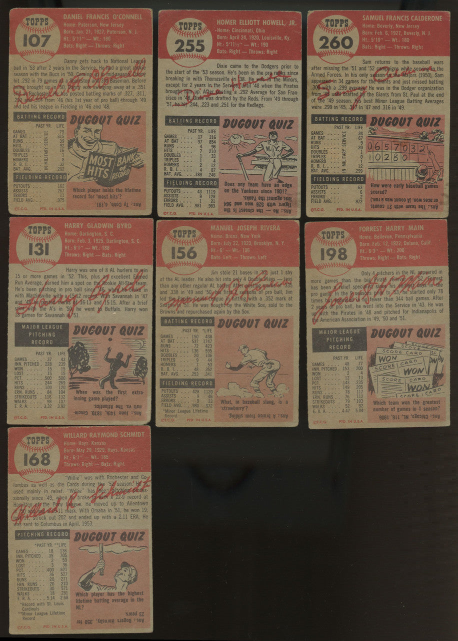 1953 Topps Baseball Low Grade Lot Of 7 w/ 2 High #s
